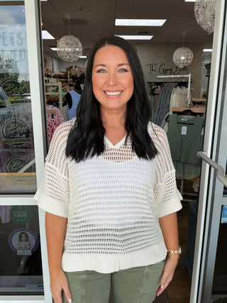 Women's Open Weave Collar Top in White Birch, available in two colors, featuring stylish design and comfortable fit.