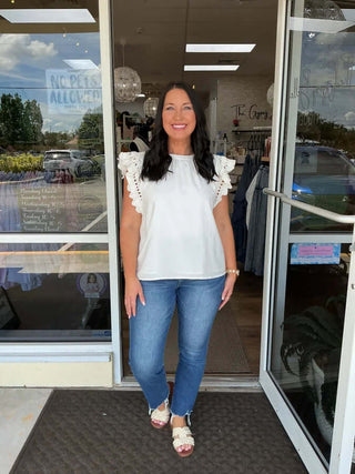 Stylish Crochet Ruffle Sleeve Top in Two Colors by Heyson – Perfect for Trendy, Chic Outfits.