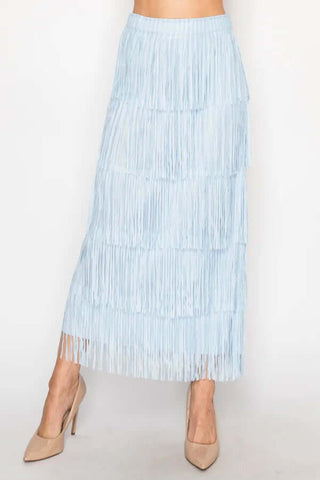 Colorful Tiered Fringe Tassel Midi Skirt in 5 colors, featuring an origami design for stylish, vibrant outfits.