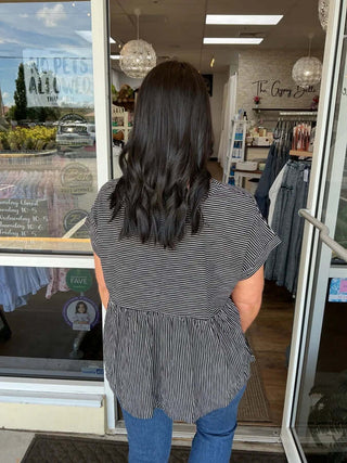 Black & White Stripe V-Neck Dolman Top by Cozy Co, featuring relaxed fit and stylish stripes for a chic, comfy look.