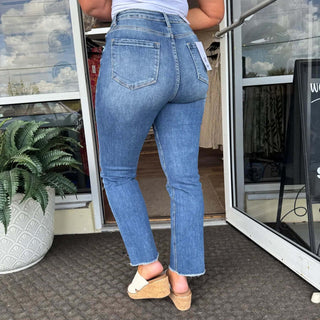 Mica T203M Denim Med Wash Straight Leg Jeans on display, showcasing classic fit and stylish medium wash denim.