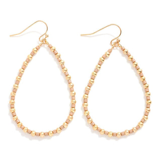 Natural Brown & Gold Beaded Teardrop Earrings on white background, showcasing intricate craftsmanship and elegant design.