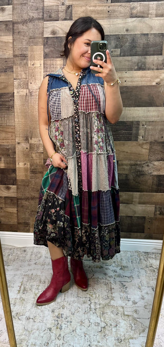 Boho Patchwork Sleeveless Hoodie Duster Dress