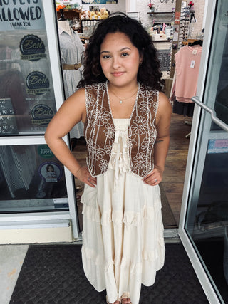 Forte Mocha Tie Front Vest w/ Ivory Embroidery