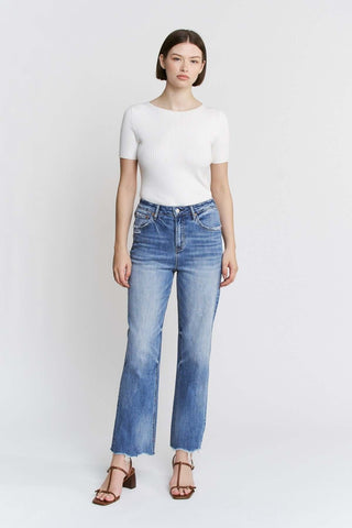MICA T3536A High Rise Raw Hem Loose Fit Straight Leg Jeans in Med Wash, styled with casual streetwear.