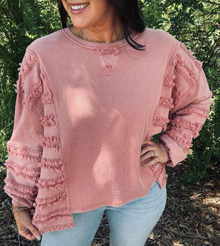 Stylish Easel Oversized Long Sleeve Top with Fringe Stripes, Washed Terry Fabric, Available in 3 Colors