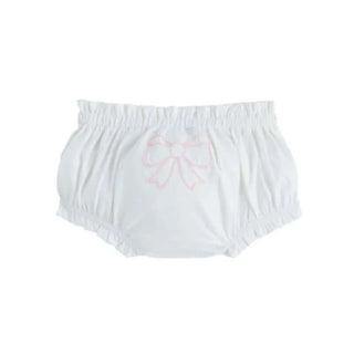 Mudpie white diaper cover with delicate pink chainstitch bow, perfect for adding a cute touch to any baby outfit.