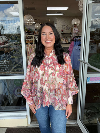Chic pink paisley print top with long bubble sleeves from ee:some, perfect for stylish and comfortable wear.