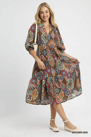 Umgee Brown Mandala Mix Tiered Midi Dress