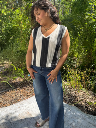Mello Charcoal & Ivory Stripe Sleeveless VNeck Crochet Top