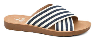 Stylish CORKYS Dig It Navy Stripe Slide Sandal, perfect for casual wear, featuring a comfortable and trendy navy striped design.