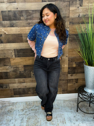Cozy Co Pearl Washed DK WASH Denim Short Sleeve Shrug Top