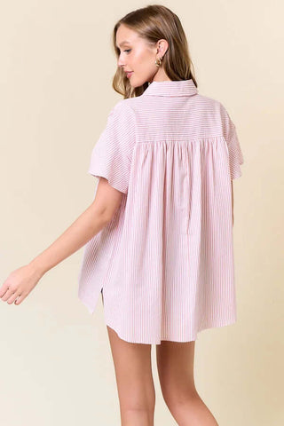 Alt text: "Striped Button Down Flutter Sleeve Top available in multiple colors, perfect for versatile and stylish looks.