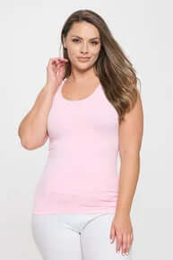 Pink buttery soft reversible seamless tank, comfortable and versatile for any occasion, shown on hanger for detailed view.