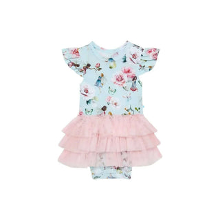 Posh Peanut - Melinda Fairy Floral Ruffled Cap Sleeve Tulle Skirt Bodysuit in soft pastel colors for a charming baby outfit.
