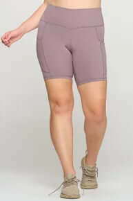 Alt text: "SMOKEY MAUVE Body Shaping Biker Short with high waistband for enhanced comfort and trendy style.