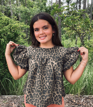 Stylish Leopard Twill Baby Doll Top with Flowy Sleeves and Subtle Ruffles - Perfect for Chic, Comfortable Outfits
