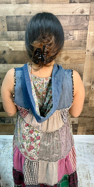 Boho Patchwork Sleeveless Hoodie Duster Dress