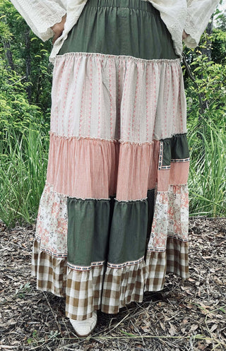 Olive Patchwork Tiered Ruffle Maxi Skirt by Easel; boho chic design with vibrant layers and flattering silhouette.