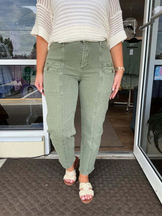 Mica Denim Lt Olive High Rise Tapered Cargo Jeans with pockets, offering a trendy, relaxed fit and stylish design.