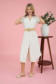Collared button-down natural linen belted midi dress, showcasing elegant style with a classic and comfortable fit.