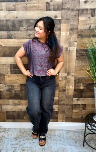 Sew In Love Wine & Silver Round Neck Short Sleeve Sparkle Top