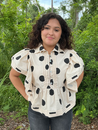 Bucketlist Ivory & Black Ruffle Slv Pintuck Polkadot Top