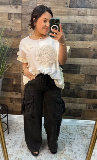 Oatmeal Mixed Fabric Patchwork Ruffle Sweater Top