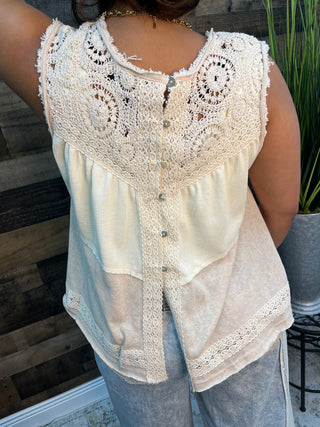 POL Coconut Cream Crochet Detail Button Back Top
