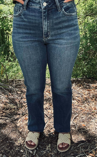 Lovervet T6666 Dark Wash High Waist Cuffed Straight Leg Jeans - stylish, versatile denim for everyday wear.