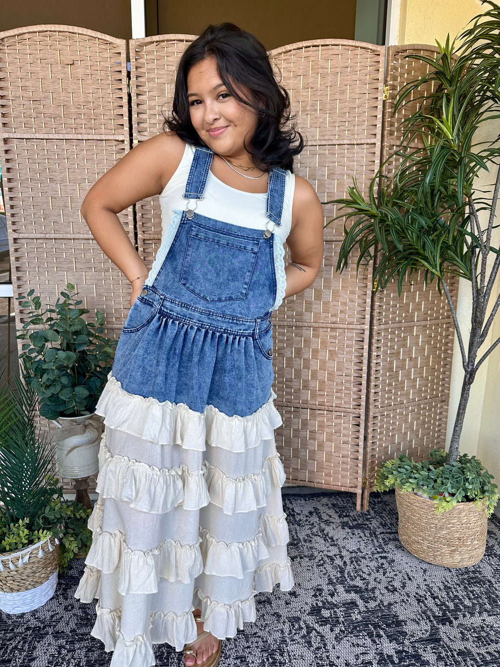 Wanna Be Her Denim Ruffle Overall Dress Small