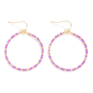 Alt text: "Elegant Purple Mini Stone Beaded Drop Hoop Earrings with gold accents, perfect for stylish fashion accessories.