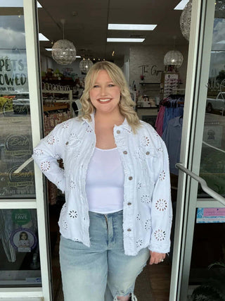 Sew In Love White Denim Jacket with Eyelet Embroidery Shacket - Stylish and versatile layering piece for any wardrobe.