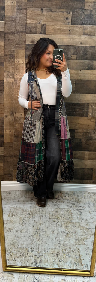 Boho Patchwork Sleeveless Hoodie Duster Dress