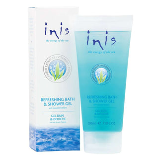 Inis Refreshing Bath & Shower Gel in 200ml bottle, featuring ocean-inspired packaging against a white background.