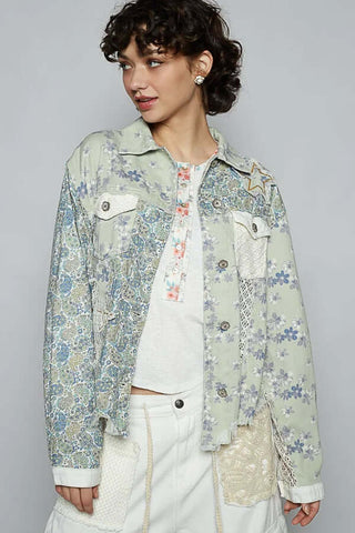 POL Mint & Lilac Floral Patchwork Shacket, blending chic mint and lilac hues with floral patterns for a stylish layered look.