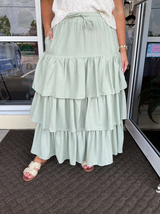 Alt text: "Sage Green Tiered Ruffle Maxi Skirt - Elegant and Breezy Fashion Statement