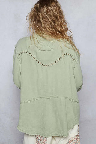 Alt text: "POL Sage Green Cotton Gauze Studded Shacket with Front Pockets and Button Closure
