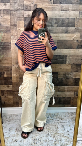 Navy & Mauve Stripe Cloudy Knit Colorblock Short Slv Top