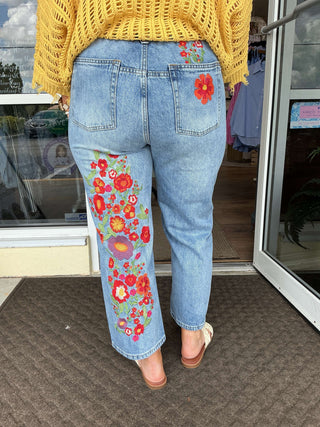 Oli & Hali Med Wash Relaxed Fit Straight Leg Jeans with Red Floral Embroidery