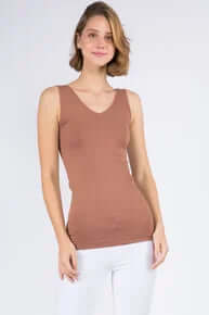 Alt text: "MOCHA Buttery Soft Reversible Seamless Tank - versatile, cozy and stylish for everyday comfort and effortless layering.