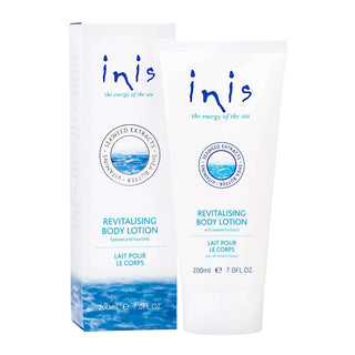 Inis Revitalizing Body Lotion with a fresh ocean scent, featuring a sleek white and blue bottle design.