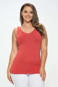 Alt text: "BURNT SIENNA reversible seamless tank, buttery soft fabric, stylish essential for versatile wardrobe layering.