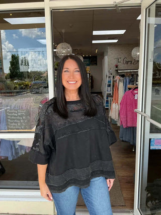 Women's Mineral Wash Black Lace Contrast Oversize Boxy Top by Oli & Hali, featuring a stylish and relaxed fit.