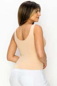 Alt text: "NUDE Buttery Soft Reversible Seamless Tank in beige, perfect for versatile, comfortable, and stylish wear.