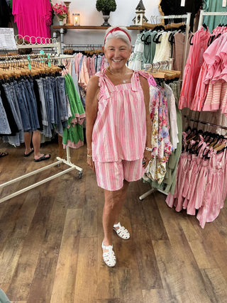 Hot pink stripe bow shoulder short set by Sew In Love, perfect summer outfit for effortless style and comfort.