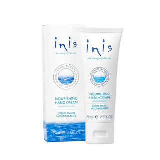 Inis Nourishing Hand Cream tube with ocean-inspired design, providing hydration and a refreshing fragrance, 2.6 fl oz.