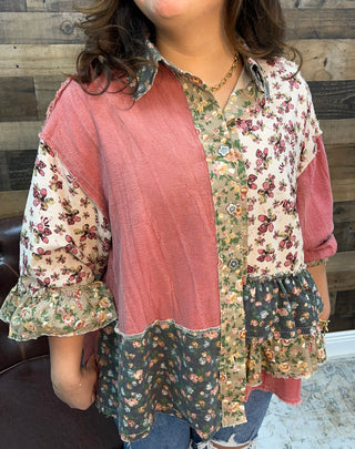 POL Raspberry Floral Ruffle Button Front Long Slv Top