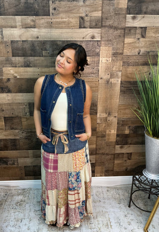Young Threads Boho Patchwork Tiered Maxi Skirt