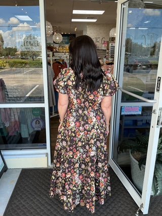 Entro Dk Brown Floral Tiered Midi Dress